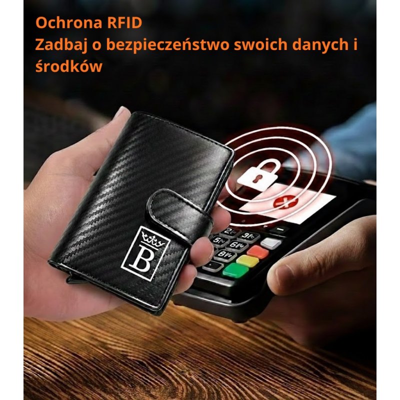 Card Holder portfel męski czarny z pudełkiem na karty eko skóra RFID