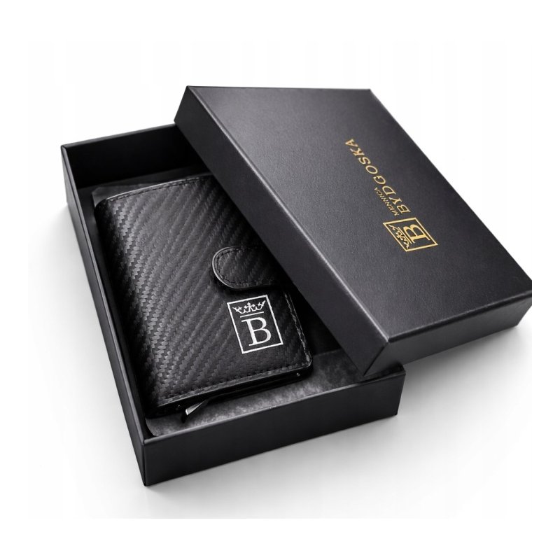 Card Holder portfel męski czarny z pudełkiem na karty eko skóra RFID