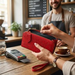 Portfel damski czerwony kwiaty elegancki eko skóra gotówka ochrona RFID