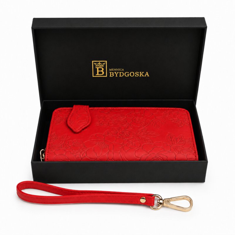 Portfel damski czerwony kwiaty elegancki eko skóra gotówka ochrona RFID