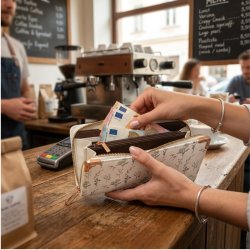 Portfel damski jasny ecru kwiaty elegancki eko skóra gotówka ochrona RFID
