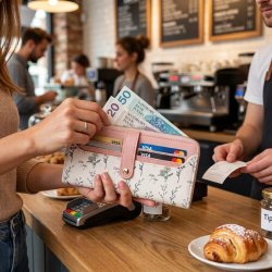 Portfel damski różowe ecru kwiaty elegancki eko skóra gotówka ochrona RFID