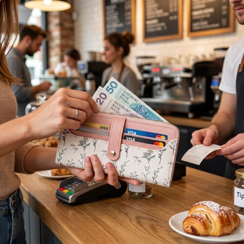 Portfel damski różowe ecru kwiaty elegancki eko skóra gotówka ochrona RFID