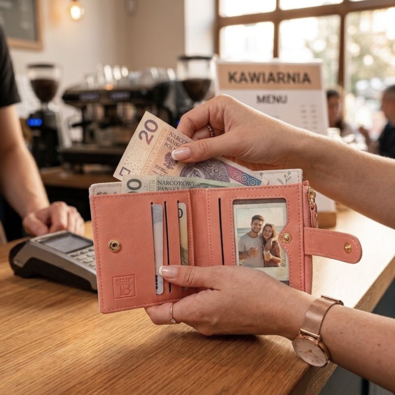 Portfel damski portmonetka różowa ecru w kwiaty ze skóry eko karty gotówkę