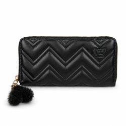 Portfel damski czarny elegancki ekoskóra pompony karty gotówkę ochrona RFID