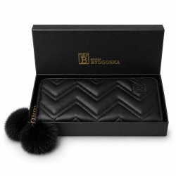 Portfel damski czarny elegancki ekoskóra pompony karty gotówkę ochrona RFID