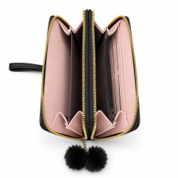 Portfel damski czarny elegancki ekoskóra pompony karty gotówkę ochrona RFID