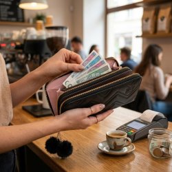 Portfel damski czarny elegancki ekoskóra pompony karty gotówkę ochrona RFID