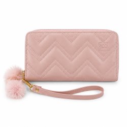Portfel damski różowy elegancki ekoskóra pompony karty gotówkę ochrona RFID