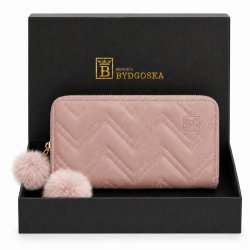Portfel damski różowy elegancki ekoskóra pompony karty gotówkę ochrona RFID