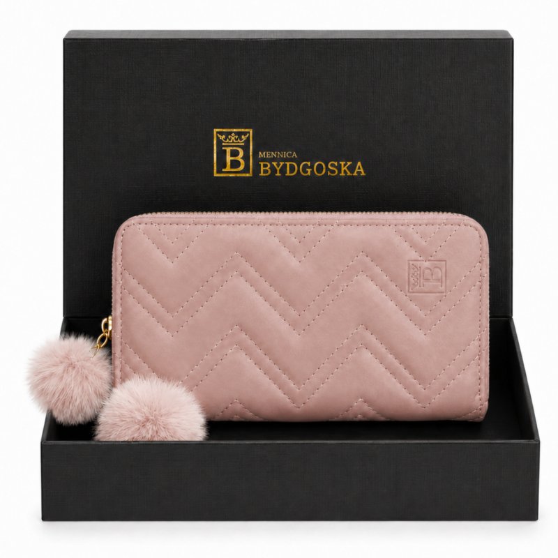 Portfel damski różowy elegancki ekoskóra pompony karty gotówkę ochrona RFID