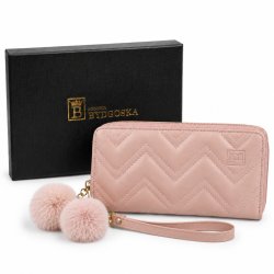 Portfel damski różowy elegancki ekoskóra pompony karty gotówkę ochrona RFID