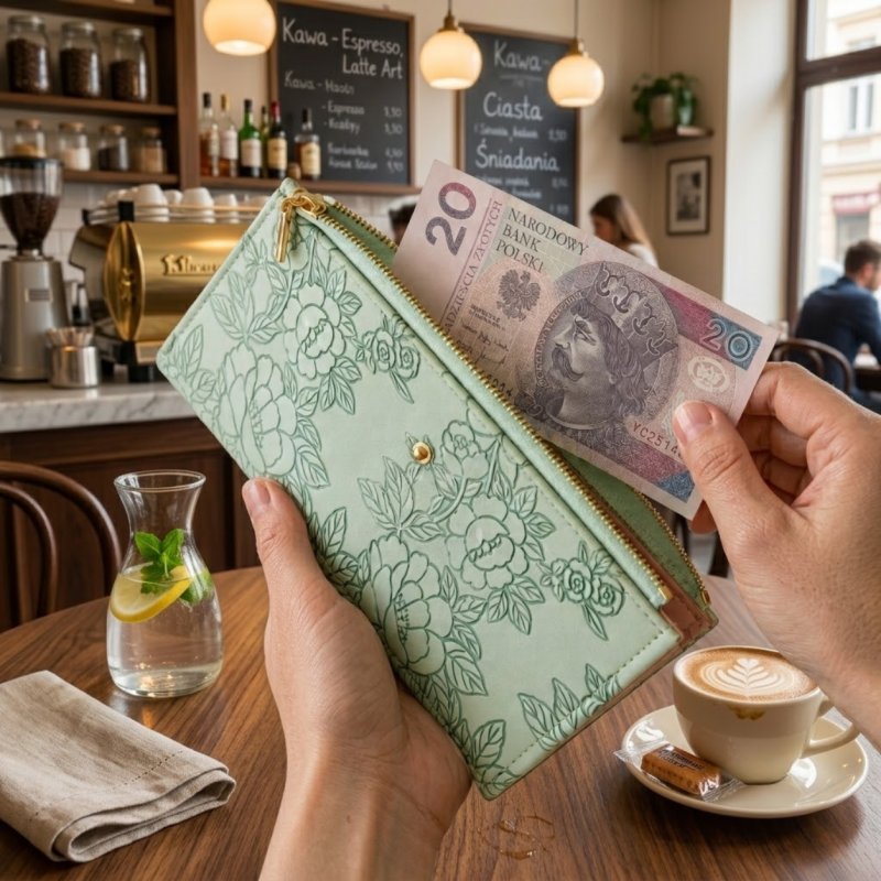 Portfel damski zielony miętowy ekoskóra kwiaty etui na karty ochrona RFID