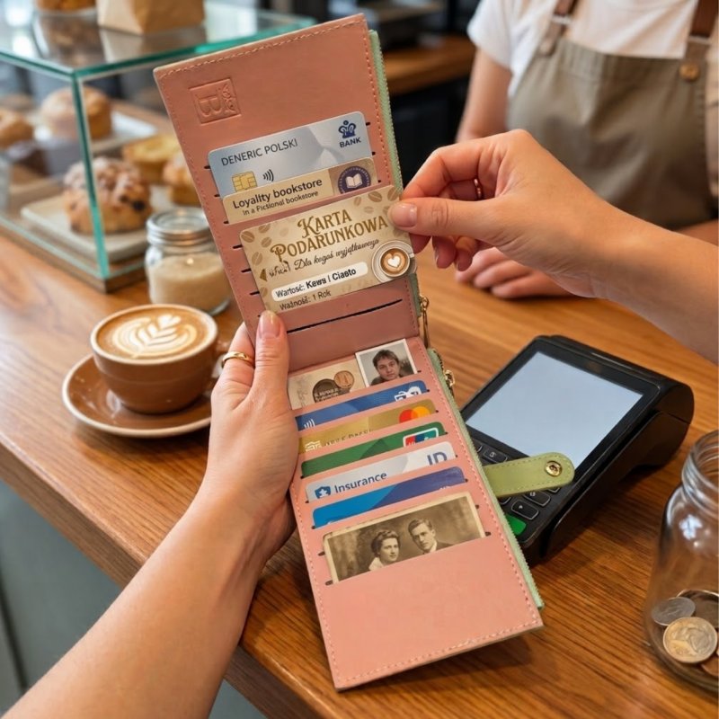 Portfel damski zielony miętowy ekoskóra kwiaty etui na karty ochrona RFID