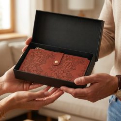 Portfel damski brązowy ekoskóra kwiaty różowe etui na karty ochrona RFID