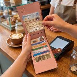 Portfel damski brązowy ekoskóra kwiaty różowe etui na karty ochrona RFID