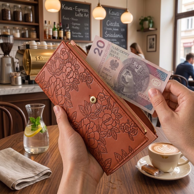 Portfel damski brązowy ekoskóra kwiaty różowe etui na karty ochrona RFID