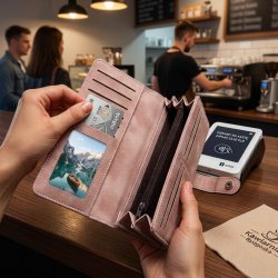 Portfel damski różowy ekoskóra marmurkowy karty gotówka ochrona RFID