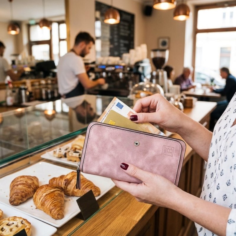 Portfel damski różowy ekoskóra marmurowy etui na karty gotówka ochrona RFID