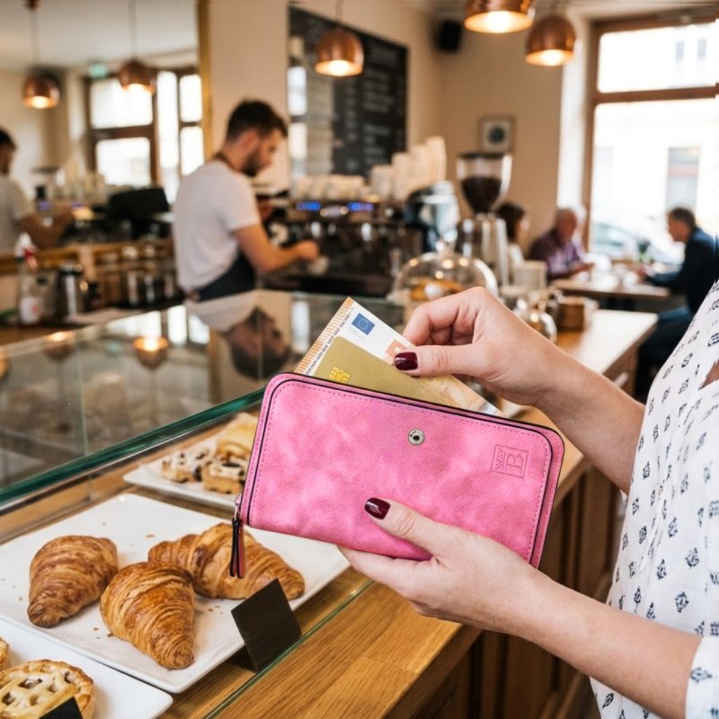 Portfel damski różowy marmurowy ekoskóra etui na karty gotówka ochrona RFID
