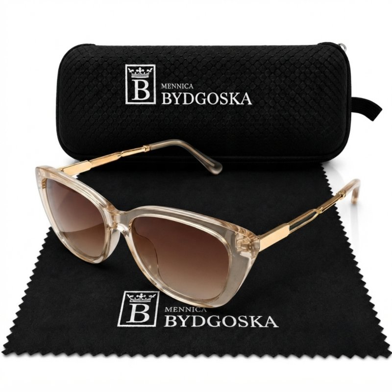 Okulary damskie beżowe przezroczyste UV 400 przeciwsłoneczne kocie zdobione