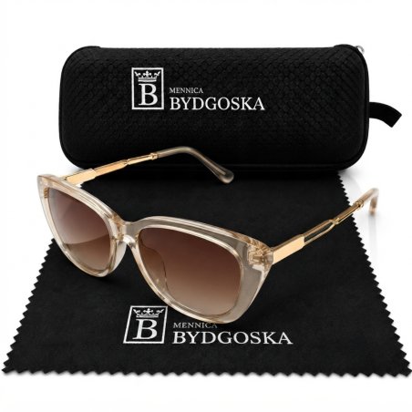 Okulary damskie beżowe przezroczyste UV 400 przeciwsłoneczne kocie zdobione