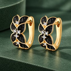 Eleganckie pozłacane kolczyki czarne kwiaty damskie angielskie stal 316L