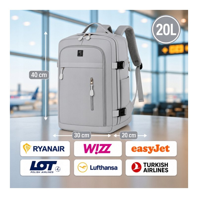 Szary plecak bagaż podręczny 40x30x20 Ryanair Wizz Air kabinowy 20L