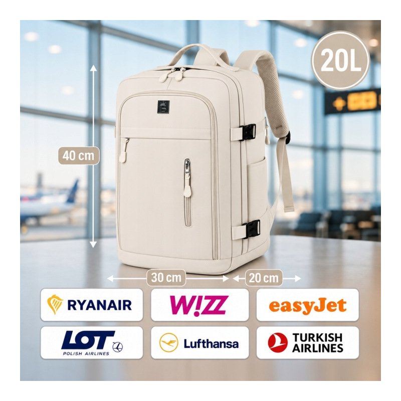 Biały plecak bagaż podręczny 40x30x20 Ryanair Wizz Air kabinowy 20L