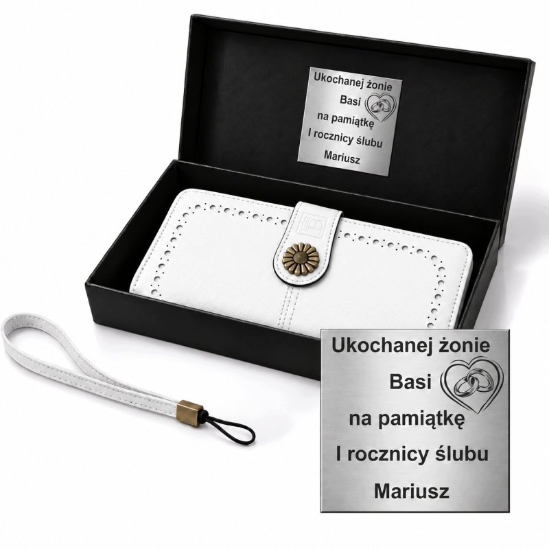 Portfel damski biały elegancki ze skóry eko karty gotówkę ochrona RFID grawer