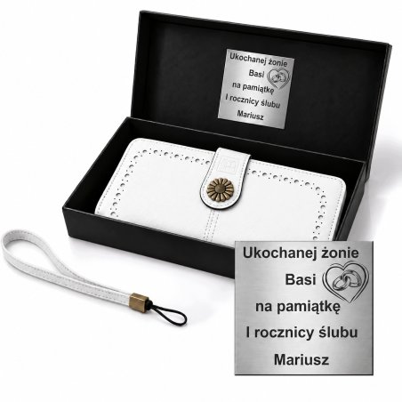 Portfel damski biały elegancki ze skóry eko karty gotówkę ochrona RFID grawer