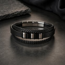 Bransoletka męska skórzana potrójna magnetyczna z przedłużkami stal 316L czarna