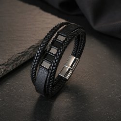 Bransoletka męska skórzana potrójna magnetyczna z przedłużkami stal 316L czarna