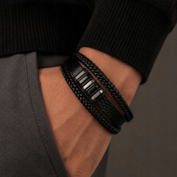 Bransoletka męska skórzana potrójna magnetyczna z przedłużkami stal 316L czarna