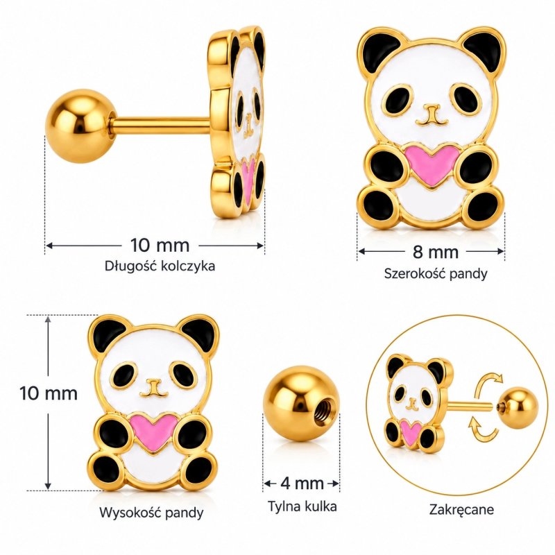 Kolczyki pandy dla dziewczynki stal chirurgiczna pozłacane sztyft