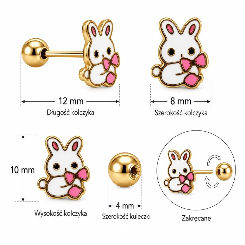 Kolczyki dla dzieci króliczki pozłacane stal chirurgiczna szlachetna sztyft
