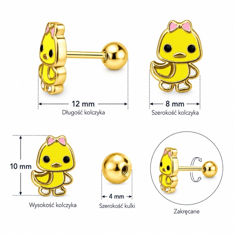 Kolczyki kaczuszki dla dziewczynki antyalergiczne stal szlachetna sztyft