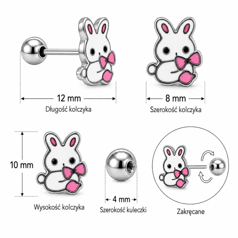 Kolczyki dla dzieci króliczki stal chirurgiczna szlachetna sztyft wkrętki