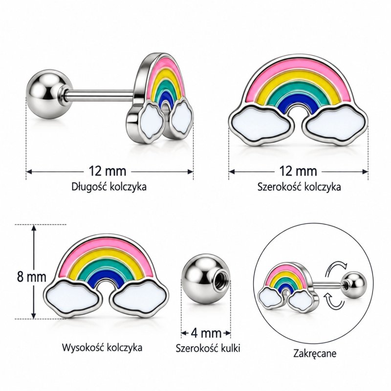 Kolczyki tęcza dla dziewczynki antyalergiczne stal szlachetna sztyft