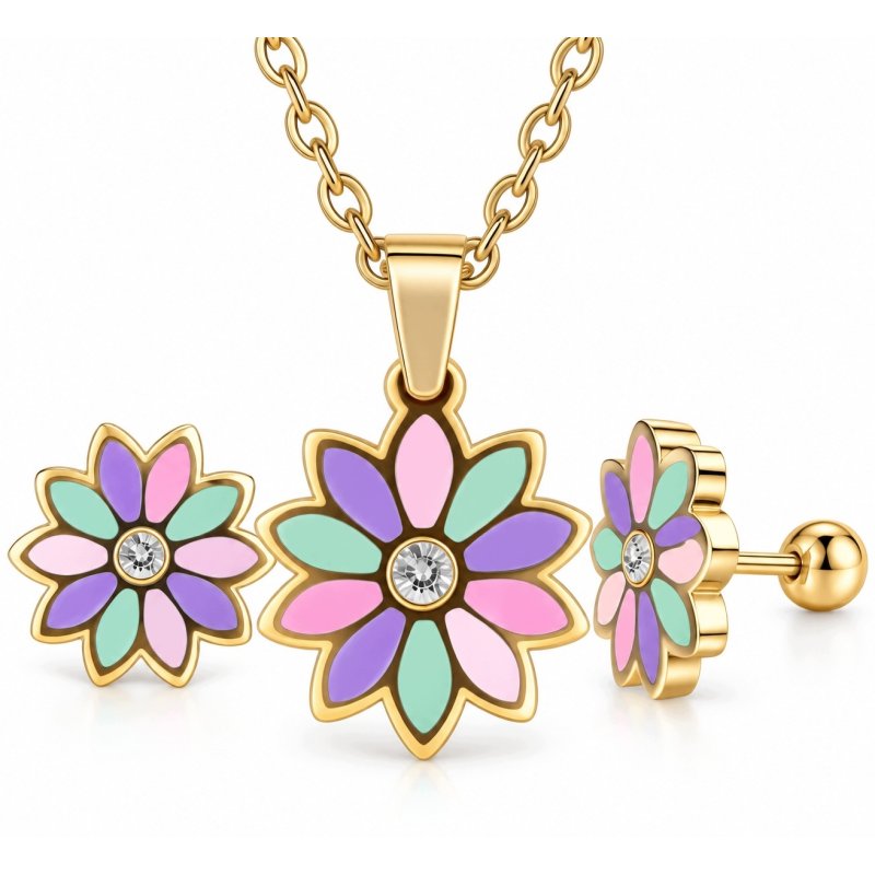 Komplet biżuterii pozłacanej kwiatki dla dziewczynki stal 316L wkrętki