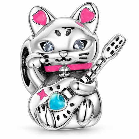Srebrny charms kot z gitarą zawieszka beads gitara